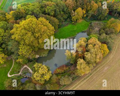 Malmesbury, Wiltshire, Inghilterra - i colori dell'autunno illuminano un giorno noioso e coperto su un piccolo lago intimo a Malmesbury, Wiltshire. Foto Stock