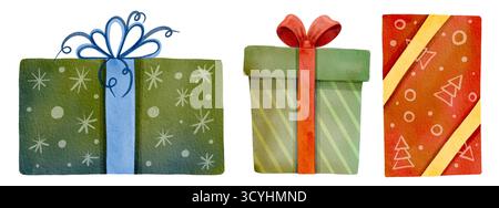 Set festivo con confezioni regalo. Regali natalizi brillanti. Illustrazione acquerello. Adatto per decorazioni natalizie, stampa, biglietti e decorazioni. Foto Stock