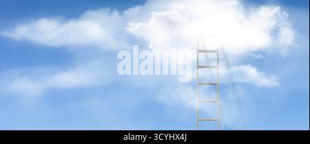 Scaletta che raggiunge le morbide formazioni di nuvole bianche sul cielo blu per concetti di successo e aspirazione. Scala in legno che si estende attraverso la nebbia celeste di cumulus per immagini spirituali o motivazionali. Illustrazione Vettoriale