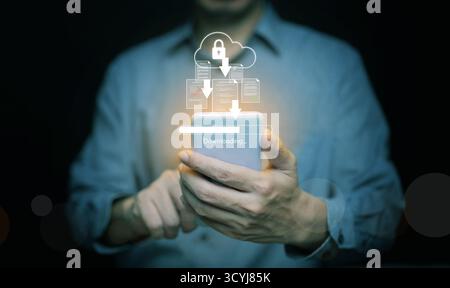 Concetto moderno di tecnologia cloud che mostra il download dei dati dallo storage sicuro allo smartphone. Perfetto per illustrare il cloud computing, la rete mobile, Foto Stock