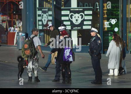 Flensburg, Schleswig-Holstein Gedenkstunde für israelische Geiseln auf dem Flensburger Südermarkt. DAS Bild zeigt zwei junge Erwachsene, begleitet von einem Hund, die mit Polizeibeamten sprechen. Es handelt sich um Störer, die lautstark Free Palestine rufen. Die Polizistinnen stehen ruhig und beobachten die situation. Im Hintergrund passiert weiteres Publikum den Ort. Die Szene markiert einen Störungsversuch bei der Gedenkveranstaltung auf dem Südermarkt. Aufnahme vom 19.10.2025, Flensburg *** Flensburg, Schleswig Holstein cerimonia commemorativa per gli ostaggi israeliani al Südermarkt di Flensb Foto Stock