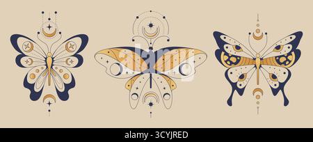 Illustrazioni boho a farfalla con lune e simboli celesti su sfondo crema - falene mistiche con stelle, mezzalune e motivi geometrici. Progetti di natura spirituale per il branding del benessere. Illustrazione Vettoriale