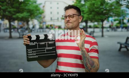 Bell'uomo sorridente sulla strada della città che tiene in mano il clapperboard con occhiali da camicia a righe e tatuaggi sullo sfondo urbano che creano vivaci ambientazioni all'aperto Foto Stock