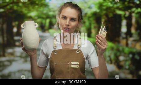 La giovane donna in grembiule tiene in mano un vaso in ceramica e pennelli, sorridendo mentre si gode il processo creativo in un lussureggiante parco verde, esponendo artisti Foto Stock