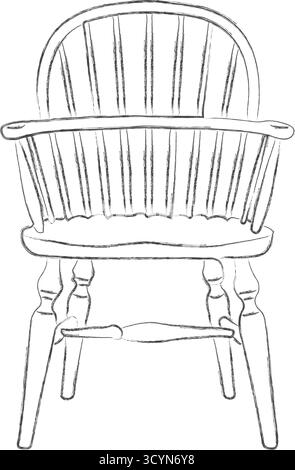 Una classica sedia in legno con una cresta arrotondata e più mandrini verticali disegnati con contorni neri puliti Illustrazione Vettoriale