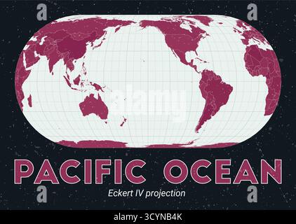 Oceano Pacifico. Mappa del mondo. Proiezione di Eckert IV centrata sull'Oceano Pacifico. Pallido Mint Dark Pink (Rosa scuro). Texture vintage. Illustrazione Vettoriale