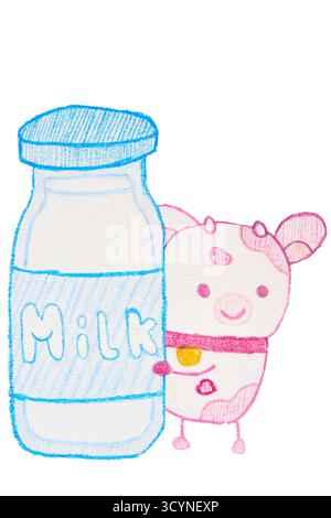 Una grafica versatile di una mucca rosa kawaii disegnata a mano con un biberon. Questo simpatico personaggio è isolato su uno sfondo trasparente, pronto per l'uso Foto Stock