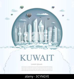 Visita il monumento del Kuwait nel moderno edificio della città del Kuwait con sfondo circolare. Poster e cartolina di viaggio d'affari. Luoghi di interesse per viaggi in Asia Illustrazione Vettoriale