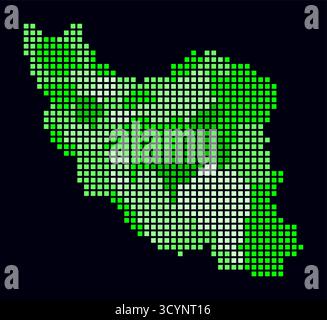 Mappa punteggiata dell'Iran. Mappa digitale del paese su sfondo scuro. Forma iraniana con punti quadrati. Stile puntini colorati. Quadrati di grandi dimensioni. Illustrazione Vettoriale