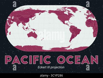 Oceano Pacifico. Mappa del mondo. Proiezione di Eckert III centrata sull'Oceano Pacifico. Pallido Mint Dark Pink (Rosa scuro). Texture vintage. Illustrazione vettoriale moderna. Illustrazione Vettoriale