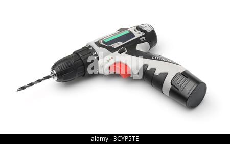 Trapano elettrico a batteria isolato su bianco Foto Stock