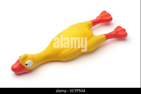 Divertente anatra giocattolo di gomma gialla isolata su bianco Foto Stock