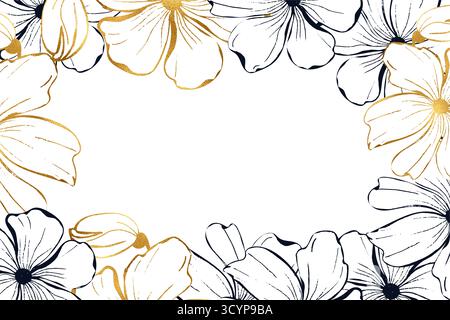 Cornice di fiori di papaveri per la carta o l'invito. Inchiostro line art sfondo vettoriale floreale disegnato a mano. Illustrazione Vettoriale