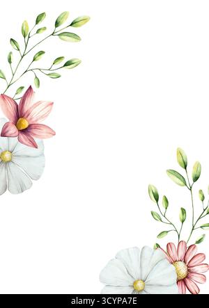Fiori primaverili e rami con foglie cartolina Acquerello gerbera, camomilla, echinacea. Arte di fiori selvatici disegnata a mano isolata sullo sfondo Foto Stock