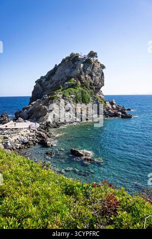 Agios Loannis Chapel a Skopelos, una popolare attrazione turistica resa famosa dal film Mamma mia. Skopelos è un'isola greca nell'Egeo occidentale Foto Stock