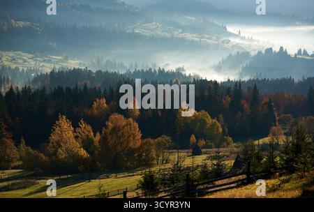Fogliame autunnale con vivaci sfumature di oro, rosso e arancio coperte le colline boscose, con la nebbia che si innalza dolcemente in lontananza. Pagliaio nel prato illuminato dal sole, che aggiunge fascino rustico a un paesaggio sereno. Foto Stock