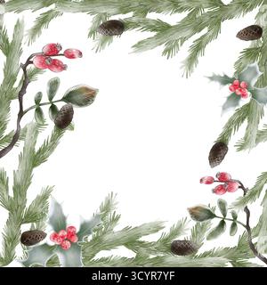 Cornice natalizia per un biglietto con rami di abete, coni di pino e frutti di bosco surgelati. Illustrazione stile acquerello. Foto Stock