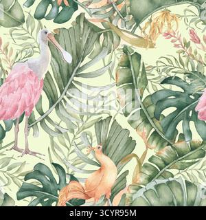 Gli uccelli della giungla stampano senza cuciture verde isolato. Cucchiaio rosa acquerello tra foglie di banana e fogliame tropicale in tonalità neutre disegnato a mano. Tropicale Foto Stock