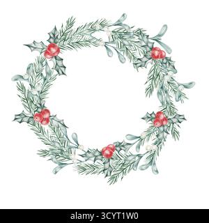 Ghirlanda con bacche di agrifoglio e rami sempreverdi, illustrazione ad acquerello disegnata a mano per decorazioni natalizie tradizionali, carte stampabili, design tessile e confezione Foto Stock