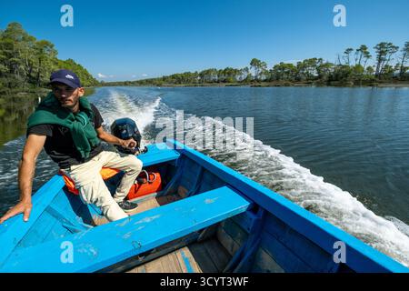 23.09.2024, Albania, Divjaka, Divjaka - gita turistica in barca alla laguna (acqua salata e dolce di un estuario del fiume) nel Parco Nazionale di Divjaka-Karavasta o Foto Stock