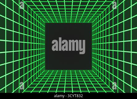 Sfondo della griglia quadrata a onda sintetica verde sul vuoto con effetto venatura retrò Foto Stock