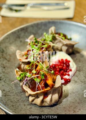 Gnocchi senza glutine di semi di lino con ripieno di patate, serviti con funghi canterelle, salsa di mirtilli e panna acida. Servita su un piatto scuro. Foto Stock