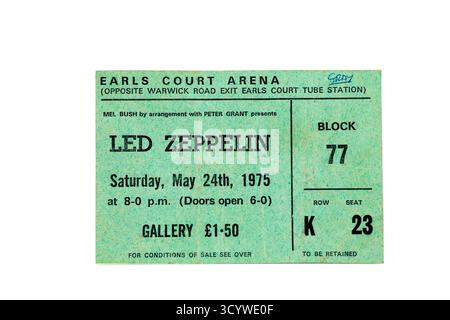 Biglietto per il concerto dei LED Zeppelin da 1975 concerti all'Earls Court Arena, Londra. Foto Stock