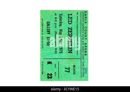Biglietto per il concerto dei LED Zeppelin da 1975 concerti all'Earls Court Arena, Londra. Foto Stock