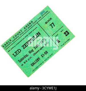 Biglietto per il concerto dei LED Zeppelin da 1975 concerti all'Earls Court Arena, Londra. Foto Stock