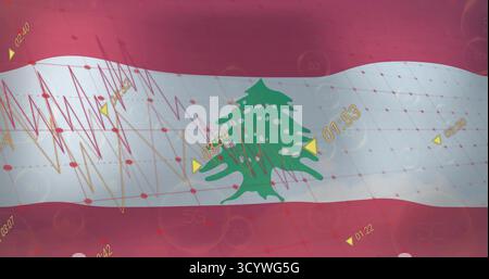 Cedro verde che sventola nella bandiera libanese digitale mostrando grafici di dati etichette numeriche e icone 5G. Foto Stock
