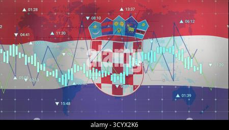Visualizzazione dello stemma croato che si fonde con i dati di mercato su display digitale, con barre di candele Foto Stock