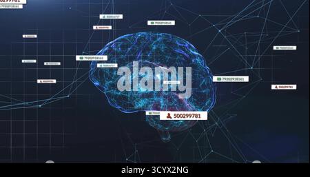 Ologramma cerebrale 3D luminoso che passa con il mouse sull'interfaccia griglia, visualizzando linee mesh di rete e tag di dati Foto Stock