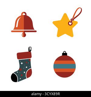 Le icone delle festività natalizie ornamento natalizio con calze a stella elementi di design piatti raggruppano l'illustrazione vettoriale su sfondo bianco Illustrazione Vettoriale