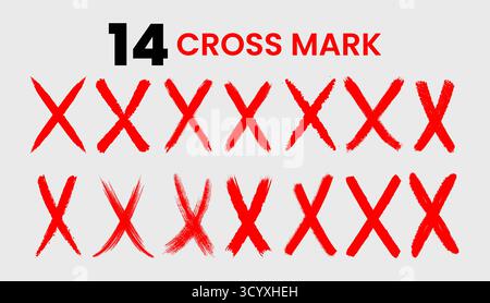 Set di quattordici segni a croce rossi con stile tratto di pennello disegnato a mano. Simboli X vettoriali perfetti per icone di errore, elementi di progettazione o grafica di avviso. Illustrazione Vettoriale