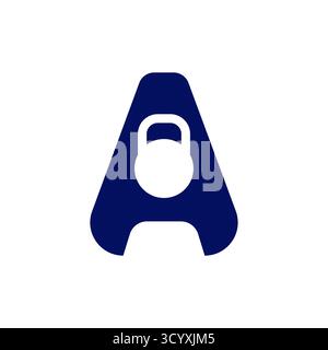 Lettera blu Un logo con kettlebell all'interno per il fitness e il design del marchio della palestra Illustrazione Vettoriale