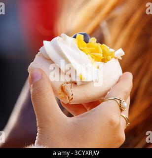 Primo piano di un dessert pavlova tenuto da una donna, condito con panna montata e pezzi di mango, fotografato in un tradizionale mercato agricolo del sabato a N Foto Stock