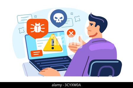 Virus del computer o errore software. Uomo preoccupato che guarda un notebook con un bug. Sicurezza informatica, concetto di sicurezza Internet Illustrazione Vettoriale
