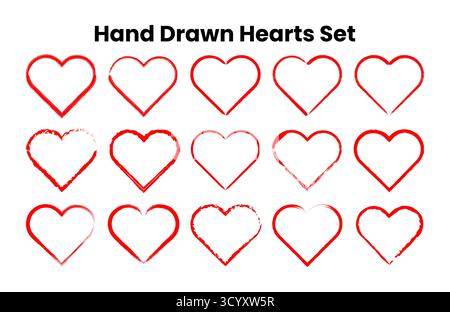 Set di icone a forma di cuore disegnate a mano in vari stili. Forme d'amore carine, cuori romantici a doodle, perfetti per San Valentino, matrimonio o biglietto di auguri desi Illustrazione Vettoriale