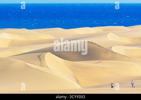 Turisti che camminano sulle dune sabbiose di Maspalomas, Maspalomas, Playa del Ingles, Gran Canaria, Isole Canarie, Spagna Foto Stock