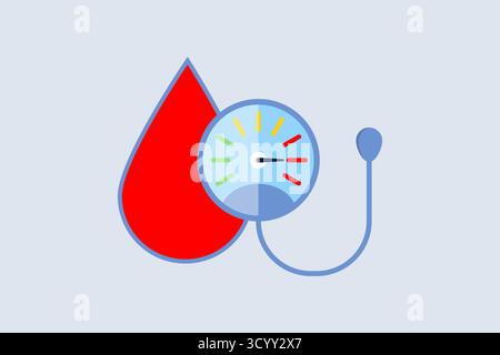Concetto di misurazione della pressione sanguigna con illustrazione relativa e vettoriale della goccia di sangue Illustrazione Vettoriale