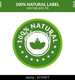 Logo verde 100% naturale con icona a foglia e stelle. emblema di certificazione biologica perfetto per il packaging, il branding dei prodotti e il design di alimenti sani Illustrazione Vettoriale