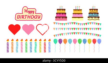 Festa di compleanno colorata con torte, palloncini, bandiere cuori e candele. Elementi festivi divertenti perfetti per inviti a biglietti d'auguri Illustrazione Vettoriale