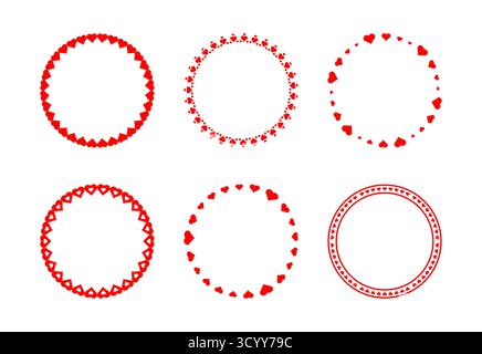 Set vettoriale cornici circolari a cuore rosso decorative. Perfetto per San Valentino, biglietti romantici, inviti di nozze e grafica a tema d'amore Illustrazione Vettoriale
