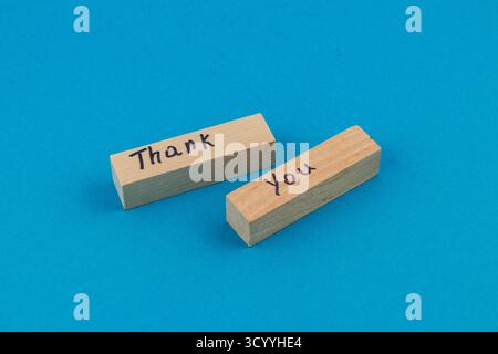 Due blocchi di legno si trovano su una superficie blu vivace, un blocco mostra la parola "Grazie" e l'altro "tu" scritto in semplici lettere nere, trasmettendo gr Foto Stock