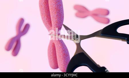 Un'illustrazione 3d dell'editing genico, che mostra un cromosoma "tagliente" a forbice Foto Stock