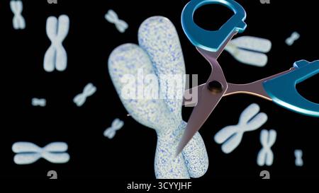Un'illustrazione 3d dell'editing genico, che mostra un cromosoma "tagliente" a forbice Foto Stock