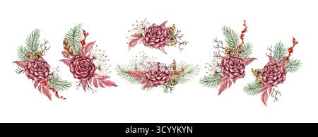 Rose di Borgogna, rami di pino, coni, fiori secchi, piume e frutti di bosco illustrano l'acquerello. Capodanno invernale e bouquet di Natale, isolati Foto Stock