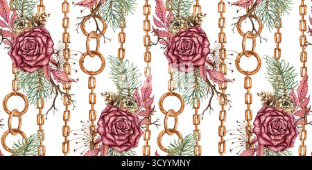 Rose di Borgogna, rami di abete, coni, rami secchi, fiori secchi, illustrazione ad acquerello con motivo senza cuciture per foglie e catene. Isolato, adatto per C Foto Stock