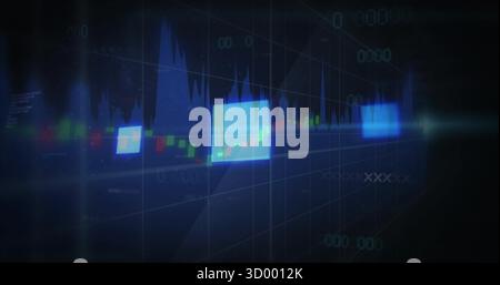 Visualizzazione dei dati finanziari 3D fluttuanti nell'interfaccia a griglia scura, con pannelli luminosi e candele Foto Stock