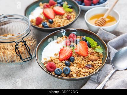 Ciotole di muesli con fragole fresche, mirtilli, lamponi, yogurt, noci, e miele per una colazione sana Foto Stock